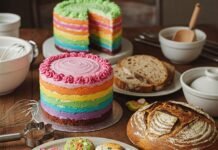 Colorful baked goods: cake, cookies, bread.