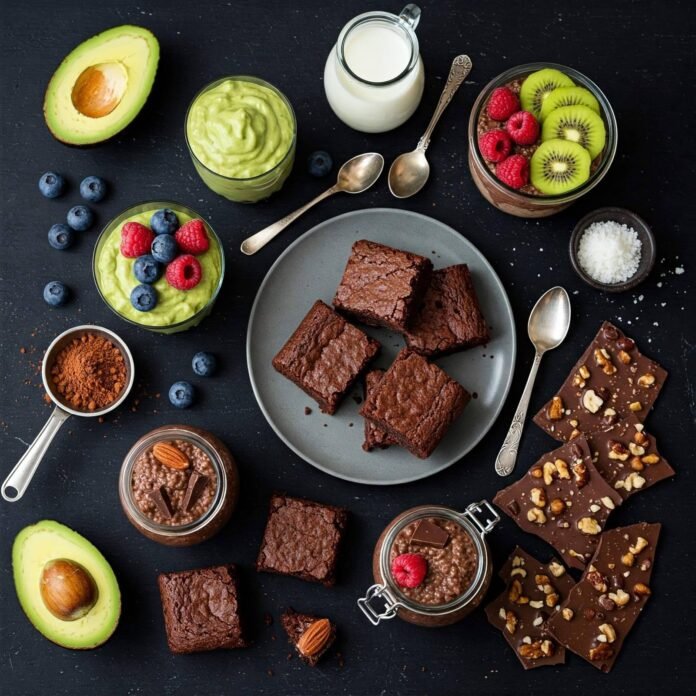 Dairy-free chocolate dessert flat lay.
