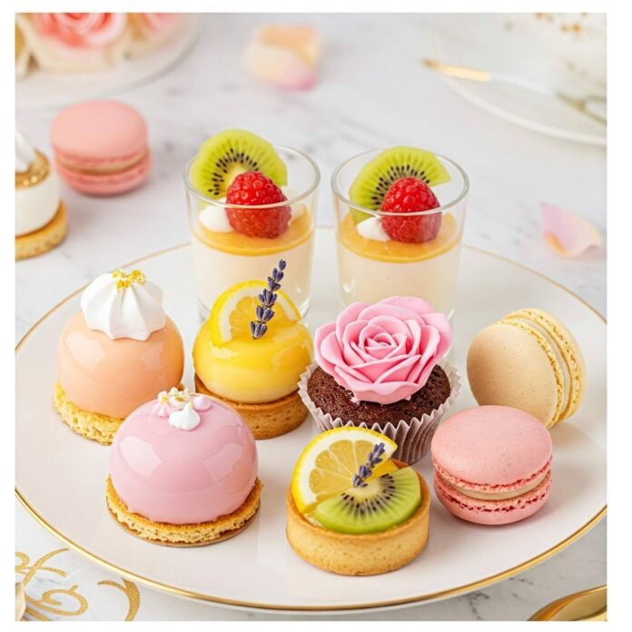 Elegant dessert platter: macarons, tartlets, mini cakes.