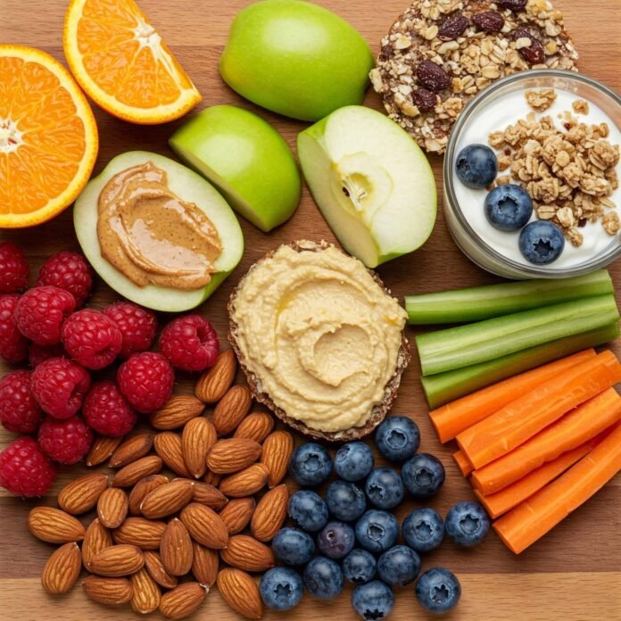 Colorful healthy snack flat lay.