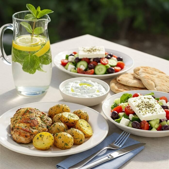 Fresh Greek Meal with Lemon Water