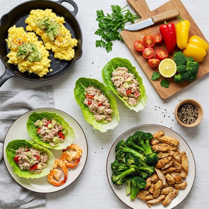 Colorful low-carb meal flat lay.