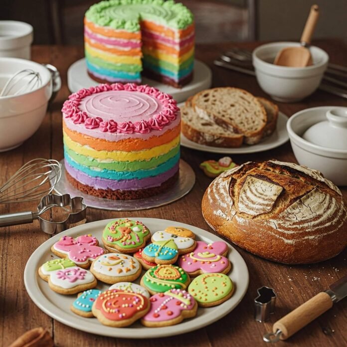 Colorful baked goods: cake, cookies, bread.