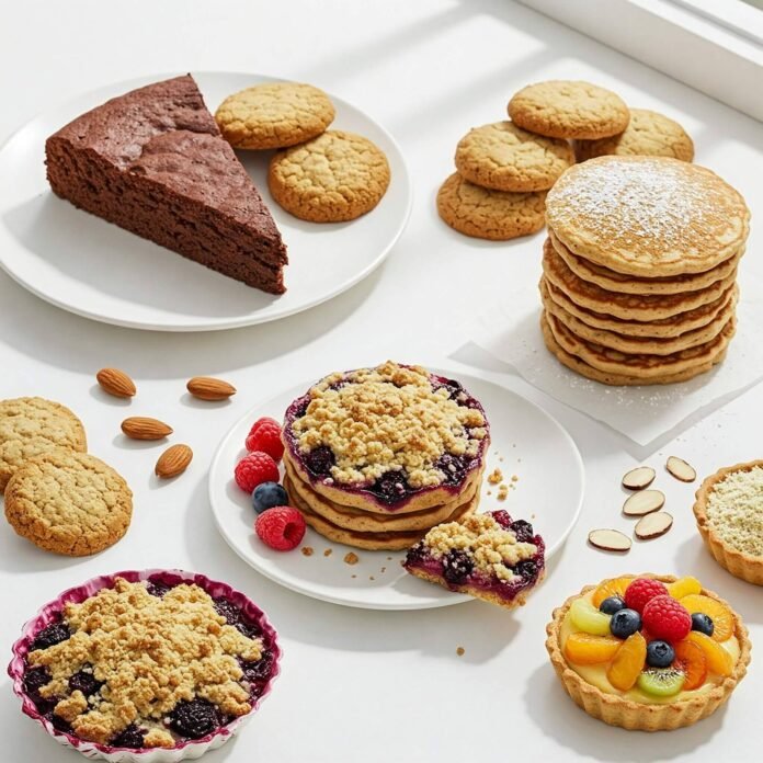 Gluten-free desserts: cake, cookies, pancakes, crumble, tart.