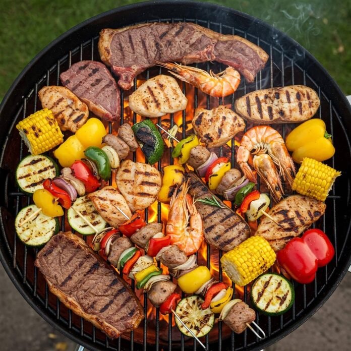 Grill overflowing with steak, chicken, shrimp, and vegetables