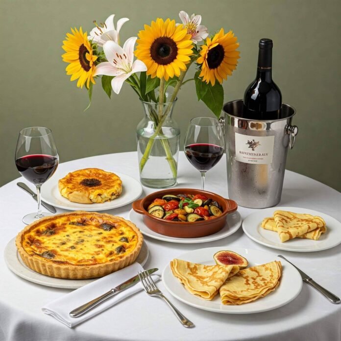 Elegant French Dishes with Wine and Flowers
